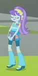 Size: 76x152 | Tagged: safe, derpibooru import, screencap, aqua blossom, equestria girls, player piano, rainbow rocks, background human, boots, bowtie, clothes, compression shorts, cropped, eyes closed, flower, headband, high heel boots, notebook, picture for breezies, raised leg, skirt, solo