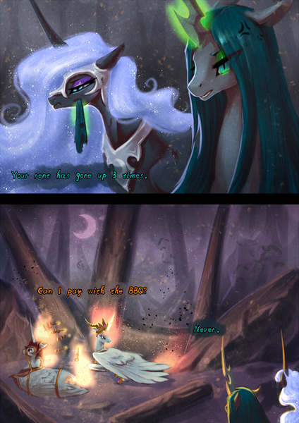 Size: 1240x1753 | Tagged: safe, artist:begasus, derpibooru import, daybreaker, nightmare moon, nightmare star, queen chrysalis, alicorn, changeling, changeling queen, pony, a royal problem, annoyed, chrysmoon, day star, dialogue, female, fire, lesbian, log, looking back, mane of fire, mare, misspelling, mundane utility, shipping, tree, walking campfire