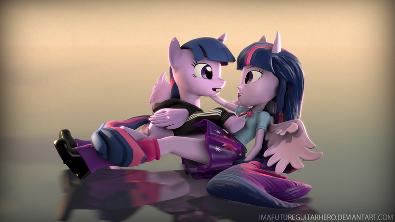 Size: 3840x2160 | Tagged: safe, artist:imafutureguitarhero, derpibooru import, twilight sparkle, twilight sparkle (alicorn), alicorn, pony, equestria girls, 3d, adidas, clothes, hoodie, human ponidox, leg warmers, looking at each other, lying down, lying on top of someone, on back, open mouth, petting, ponied up, reflection, self ponidox, shoes, skirt, smiling, source filmmaker, tracksuit