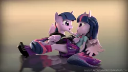 Size: 3840x2160 | Tagged: safe, artist:imafutureguitarhero, derpibooru import, twilight sparkle, twilight sparkle (alicorn), alicorn, pony, equestria girls, 3d, adidas, clothes, hoodie, human ponidox, leg warmers, looking at each other, lying down, lying on top of someone, on back, open mouth, petting, ponied up, reflection, self ponidox, shoes, skirt, smiling, source filmmaker, tracksuit