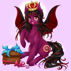 Size: 1024x1024 | Tagged: safe, artist:bunnywhiskerz, derpibooru import, oc, oc:blood fruit, unofficial characters only, bat pony, pony, crown, female, jewelry, mare, pink background, regalia, simple background, solo