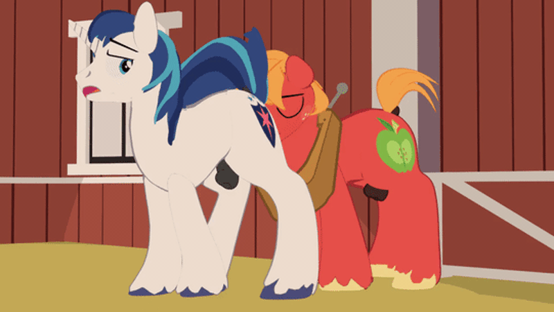 Size: 541x304 | Tagged: explicit, artist:sidekick, derpibooru import, big macintosh, shining armor, pony, 3d, analingus, animated, balls, barn, descriptive noise, eat the booty like groceries, eyes closed, gay, gif, horsecock, infidelity, licking, male, males only, nudity, oral, penis, raised tail, sex, sexy, sheath, shiningmac, shipping, sinfully sexy, tail, tongue out, unf, unshorn fetlocks
