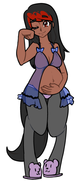 Size: 1029x2414 | Tagged: artist:/d/non, belly button, breasts, clothes, dark skin, derpibooru import, edit, female, lingerie, nightgown, oc, oc:annie, offspring, panties, parent:king sombra, parent:queen umbra, pregnant, satyr, see-through, simple background, slippers, solo, solo female, suggestive, underwear, unofficial characters only, white background