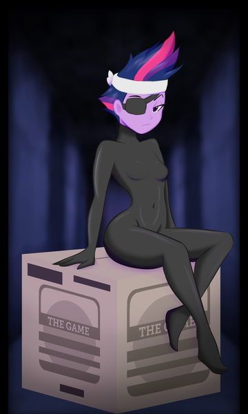 Size: 1500x2500 | Tagged: safe, artist:7los7, derpibooru import, twilight sparkle, equestria girls, breasts, cardboard box, catsuit, clothes, eyepatch, female, future twilight, looking at you, sitting, solid snake, solo, the game