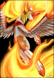 Size: 2297x3310 | Tagged: safe, artist:midfire, derpibooru import, daybreaker, alicorn, pony, a royal problem, daybutt, female, helmet, mane of fire, mare, plot, rear view, smiling, solo, spread wings, wings