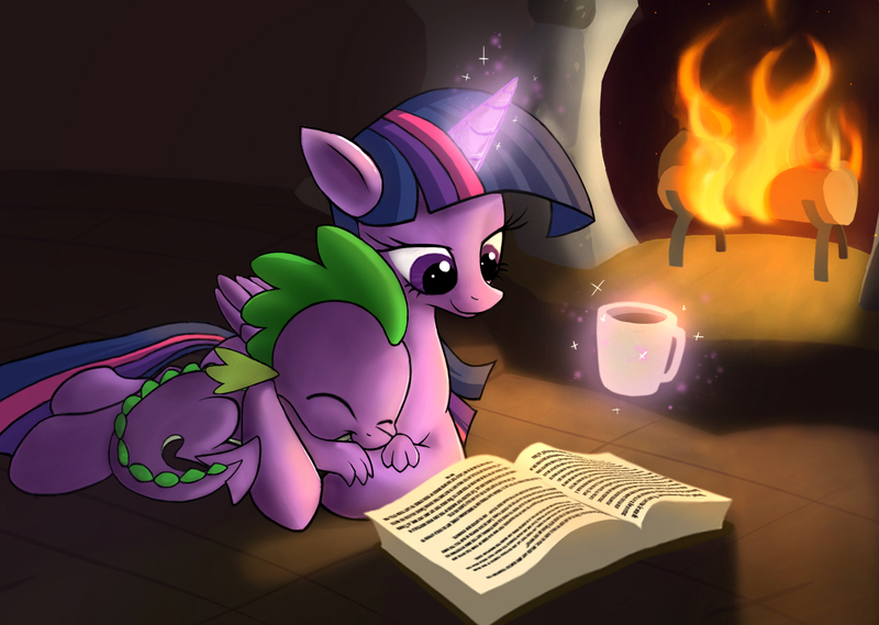 Size: 1780x1265 | Tagged: safe, artist:jaeneth, derpibooru import, spike, twilight sparkle, twilight sparkle (alicorn), alicorn, dragon, pony, baby, baby dragon, book, chocolate, cup, cute, drink, duo, female, fire, fireplace, food, hot chocolate, magic, male, mama twilight, mare, open book, reading, sleeping, spikabetes, spikelove, twiabetes
