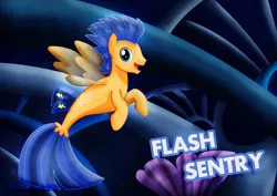 Size: 1600x1131 | Tagged: artist:jucamovi1992, derpibooru import, flash sentry, looking at you, male, movie, movie reference, my little pony: the movie, safe, seaponified, seapony flash sentry, seapony (g4), smiling, solo, species swap, stallion, underwater