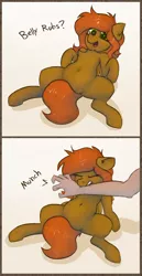 Size: 1704x3296 | Tagged: 2 panel comic, artist:marsminer, behaving like a cat, belly button, bellyrubs, betrayal, biting, chest fluff, comic, derpibooru import, dialogue, eyes closed, female, human, it's a trap, oc, oc:camber, open mouth, pure unfiltered evil, safe, smiling, spreading, spread legs, unofficial characters only