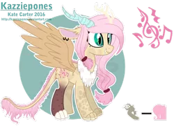 Size: 1024x747 | Tagged: artist:kazziepones, cutie mark, derpibooru import, draconequus, female, hybrid, interspecies offspring, oc, oc:harmony, offspring, parent:discord, parent:fluttershy, parents:discoshy, reference sheet, safe, simple background, smiling, solo, spread wings, transparent background, unofficial characters only, watermark, wings