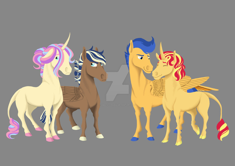 Size: 1600x1131 | Tagged: safe, artist:amaya-chans2, derpibooru import, flash sentry, sunset shimmer, oc, oc:moonlight, oc:super nova, classical unicorn, pony, unicorn, cloven hooves, family, female, flashimmer, gray background, leonine tail, male, offspring, parent:flash sentry, parent:sunset shimmer, parents:flashimmer, shipping, simple background, straight