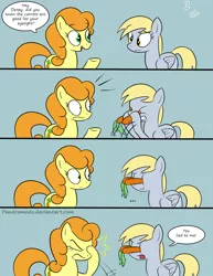 Size: 1024x1325 | Tagged: safe, artist:pandramodo, derpibooru import, carrot top, derpy hooves, golden harvest, earth pony, pegasus, pony, ..., asdfmovie, carrot, carrot top is not amused, comic, dialogue, duo, eyes closed, facehoof, food, gritted teeth, open mouth, parody, shrunken pupils, smiling, wide eyes