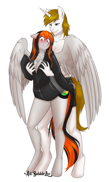 Size: 3000x5000 | Tagged: suggestive, artist:askbubblelee, derpibooru import, oc, oc:cannon car, oc:pr, unofficial characters only, anthro, pegasus, unguligrade anthro, unicorn, absurd resolution, anthro oc, blushing, bottomless, breasts, clothes, commission, couple, female, from behind, grope, jacket, large wings, male, mare, oc x oc, partial nudity, prannon, shipping, simple background, smiling, stallion, straight, transparent background, wings