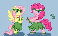 Size: 1024x634 | Tagged: safe, artist:keikowashere, derpibooru import, fluttershy, pinkie pie, pony, bandeau, bipedal, blue background, clothes, costume, crossover, cute, diapinkes, disney, duo, grass skirt, hula, hula dance, hulapie, hulashy, leaf skirt, lilo and stitch, lilo pelekai, looking at you, midriff, shyabetes, simple background, skirt