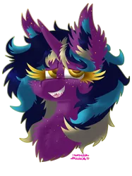 Size: 2024x2699 | Tagged: safe, artist:vanillaswirl6, derpibooru import, oc, oc:midnight fairytale, unofficial characters only, pony, unicorn, bust, cheek fluff, chest fluff, colored eyelashes, colored pupils, ear fluff, female, fluffy, freckles, gift art, looking at you, mare, nervous, open mouth, sharp teeth, simple background, solo, teeth, transparent background