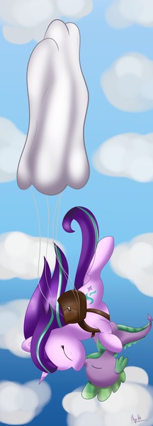 Size: 2159x6011 | Tagged: absurd resolution, artist:ilynalta, cloud, derpibooru import, dragon, eyes closed, falling, female, kissing, male, parachute, saddle bag, safe, shipping, sky, skydiving, sparlight, spike, starlight glimmer, straight, upside down