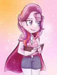 Size: 1150x1510 | Tagged: amulet, artist:starchasesketches, book, cape, clothes, derpibooru import, gloves, grin, human, humanized, humanized oc, next generation, oc, oc:sundawn flare, offspring, parents:starburst, parent:starlight glimmer, parent:sunburst, pattern, safe, smiling, solo, unofficial characters only