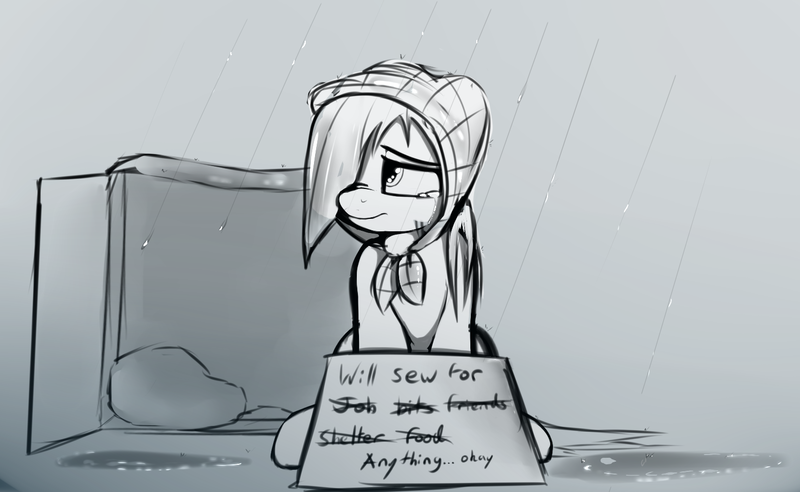 Size: 1473x906 | Tagged: safe, artist:neighday, derpibooru import, suri polomare, earth pony, pony, begging, box, crying, depressing, desperation, feels, female, grayscale, hair over one eye, helpless, homeless, mare, monochrome, rain, sad, sign, solo, will x for y, woobie