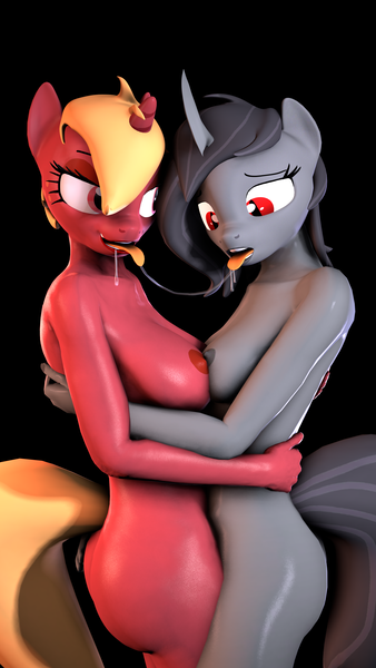 Size: 2160x3840 | Tagged: questionable, artist:hellhounds04, derpibooru import, oc, oc:marianne, oc:shelby, unofficial characters only, anthro, changeling, 3d, breasts, drool, drool string, female, image, kissing, lesbian, nipples, nudity, png, sloppy kissing, source filmmaker