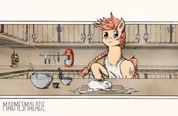 Size: 1252x814 | Tagged: safe, artist:dreamingnoctis, derpibooru import, oc, oc:marmesmalade, unofficial characters only, pony, 3d, apron, blender, bowl, cabinets, clothes, cup, dough, kitchen, knife, mixing bowl, solo, spoon, unshorn fetlocks, vegetable peeler