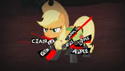 Size: 1280x720 | Tagged: safe, artist:jhaller, derpibooru import, edit, edited screencap, screencap, applejack, pony, somepony to watch over me, angry, apple, crossover, fireproof boots, food, meme, parody, persona, persona 5, photoshop, playstation, solo