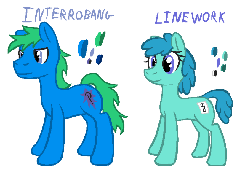 Size: 840x620 | Tagged: safe, artist:wydart, derpibooru import, oc, oc:interrobang, oc:linework, unofficial characters only, pony, duo, female, male, reference sheet, simple background, white background