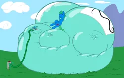 Size: 3500x2200 | Tagged: artist:wydart, belly, belly bed, derpibooru import, hose, huge butt, impossibly large belly, impossibly large butt, inflation, large butt, oc, oc:interrobang, oc:linework, safe, unofficial characters only, water inflation