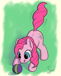 Size: 4000x5000 | Tagged: safe, artist:stink111, derpibooru import, pinkie pie, earth pony, pony, absurd resolution, ball, cute, diapinkes, eyes on the prize, female, licking, licking lips, mare, smiling, solo, tail wag, tongue out