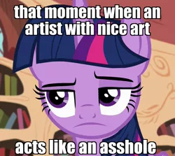 Size: 1200x1070 | Tagged: safe, derpibooru import, edit, edited screencap, screencap, twilight sparkle, twilight sparkle (alicorn), alicorn, pony, testing testing 1-2-3, annoyed, book, cropped, disappointed, female, folded wings, frown, golden oaks library, grumpy, grumpy twilight, image macro, impact font, implied facepalm, lidded eyes, mare, meme, raised eyebrow, solo, twilight is not amused, unamused, vulgar