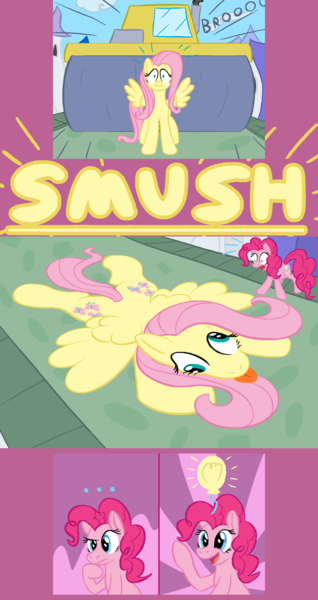 Size: 1800x3400 | Tagged: safe, artist:wydart, derpibooru import, fluttershy, pinkie pie, pony, cartoon physics, flattening, steamroller