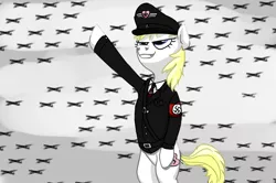 Size: 1400x931 | Tagged: safe, derpibooru import, oc, oc:aryanne, unofficial characters only, earth pony, pony, aircraft, bipedal, clothes, female, heil, mare, nazi, nazi armband, nazi uniform, nazipone, solo, swastika, uniform