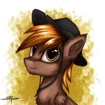 Size: 1000x1000 | Tagged: safe, artist:setharu, derpibooru import, oc, oc:calamity, unofficial characters only, pegasus, pony, fallout equestria, bust, chest fluff, ear fluff, hat, looking at you, male, portrait, signature, smiling, solo, stallion