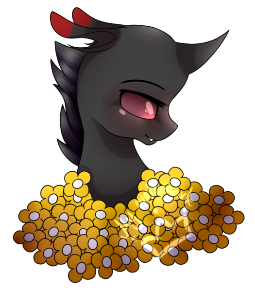 Size: 683x780 | Tagged: artist:alithecat1989, bust, changeling, derpibooru import, flower, oc, oc:rummy, portrait, red changeling, safe, simple background, solo, transparent background, unofficial characters only