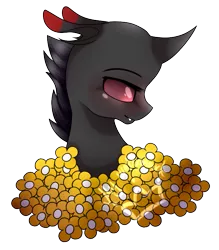 Size: 683x780 | Tagged: artist:alithecat1989, bust, changeling, derpibooru import, flower, oc, oc:rummy, portrait, red changeling, safe, simple background, solo, transparent background, unofficial characters only