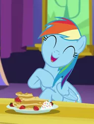 Size: 521x684 | Tagged: safe, derpibooru import, screencap, rainbow dash, pegasus, pony, castle sweet castle, cropped, cute, dashabetes, eyes closed, female, food, happy, mare, open mouth, pancakes, sitting, solo, strawberry