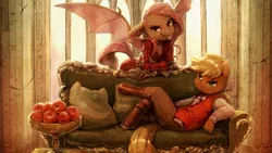 Size: 1920x1080 | Tagged: safe, artist:audrarius, derpibooru import, edit, applejack, fluttershy, anthro, bat pony, earth pony, unguligrade anthro, apple, chair, clothes, couch, detailed, dress, duo, epic, female, flutterbat, food, looking at you, race swap, reclining, spread wings, table, vest, wallpaper, wallpaper edit, window, wings