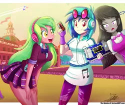 Size: 1796x1504 | Tagged: safe, artist:the-butch-x, derpibooru import, lemon zest, octavia melody, vinyl scratch, equestria girls, friendship games, boombox, canterlot high, cassette player, cassette tape, clothes, colored pupils, crossover, crystal prep academy uniform, cute, decepticon, female, fingerless gloves, frenzy, gloves, headphones, laserbeak, leggings, looking at you, miniskirt, octavia is not amused, open mouth, school uniform, signature, skirt, skywarp, smiling, soundwave, starscream, this will end in tears, thundercracker, transformers, trio, trio female, unamused