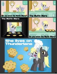 Size: 4744x6105 | Tagged: safe, artist:mythogamer, derpibooru import, derpy hooves, thunderlane, pegasus, pony, absurd resolution, comic, female, food, mare, muffin, muffin man, pun, scrunchy face, that pony sure does love muffins, the muffin man