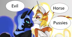 Size: 715x369 | Tagged: suggestive, artist:iriedono, derpibooru import, edit, daybreaker, nightmare moon, pony, a royal problem, caption, evil, explicit source, female, horse pussy