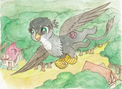 Size: 800x581 | Tagged: safe, artist:daisymane, derpibooru import, gabby, gryphon, the fault in our cutie marks, clubhouse, crusaders clubhouse, female, flying, forest, smiling, solo, traditional art, tree