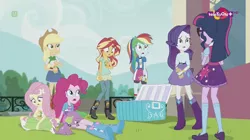 Size: 1136x638 | Tagged: safe, derpibooru import, screencap, applejack, fluttershy, pinkie pie, rainbow dash, rarity, sci-twi, spike, spike the regular dog, sunset shimmer, twilight sparkle, dog, dance magic, equestria girls, spoiler:eqg specials, boots, disappointed, mary janes, ponytail, sad, teletoon