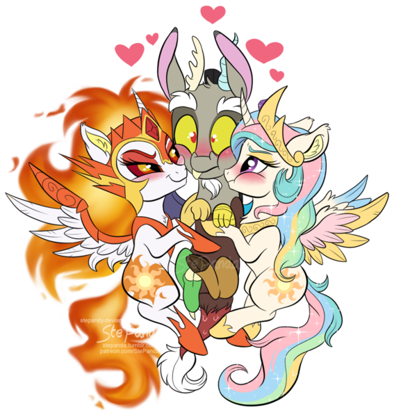 Size: 1024x1083 | Tagged: safe, artist:stepandy, derpibooru import, daybreaker, discord, princess celestia, alicorn, draconequus, pony, a royal problem, blushing, chibi, crown, cute, cutelestia, diabreaker, disbreaker, discute, dislestia, duality, ear fluff, female, heart, helmet, image, jewelry, love triangle, male, mare, png, regalia, scrunchy face, shipping, simple background, smiling, spread wings, squishy cheeks, straight, transparent background, watermark, wings