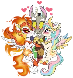 Size: 1024x1083 | Tagged: safe, artist:stepandy, derpibooru import, daybreaker, discord, princess celestia, alicorn, draconequus, pony, a royal problem, blushing, chibi, crown, cute, cutelestia, diabreaker, disbreaker, discute, dislestia, duality, ear fluff, female, heart, helmet, image, jewelry, love triangle, male, mare, png, regalia, scrunchy face, shipping, simple background, smiling, spread wings, squishy cheeks, straight, transparent background, watermark, wings