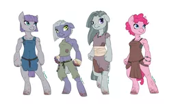 Size: 2300x1400 | Tagged: alternate universe, anthro, artist:joan-grace, bandage, blood, breasts, clothes, derpibooru import, dress, hoof hands, limestone pie, marble pie, maud pie, pinkie pie, rebellion, scar, semi-grimdark, simple background, unguligrade anthro, white background