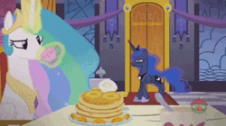 Size: 450x252 | Tagged: safe, derpibooru import, screencap, princess celestia, princess luna, pony, a royal problem, animated, breakfast, displeased, exhausted, female, food, gif, glare, offended, pancakes, sisters, tea