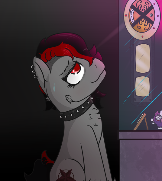 Size: 1300x1454 | Tagged: safe, artist:lazerblues, derpibooru import, oc, oc:bella, unofficial characters only, pony, ear piercing, offspring, parent:oc:miss eri, piercing, satyr general, solo, title belt
