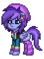 Size: 180x240 | Tagged: safe, derpibooru import, oc, oc:thunder flower, unofficial characters only, pegasus, pony, pony town, clothes, eyeshadow, female, flower, flower in hair, hat, hoodie, lidded eyes, makeup, mare, pixel art, simple background, socks, solo, sprite, striped socks, white background