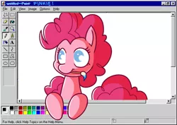 Size: 640x452 | Tagged: safe, artist:amazingmollusk, derpibooru import, pinkie pie, earth pony, pony, cute, diapinkes, female, fourth wall, looking at you, mare, mouth hold, ms paint, paintbrush, pie daily, smiling, solo, windows, windows 98