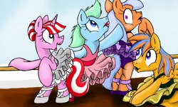 Size: 1600x960 | Tagged: safe, artist:dashingjack, derpibooru import, oc, oc:brainstorm, oc:cold front, oc:rillian, oc:trot kadero, unofficial characters only, pony, ballerina, ballerinas, ballet, clothes, crossdressing, dancing, lipstick, makeup, tutu, tutus