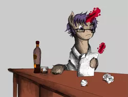 Size: 1141x862 | Tagged: safe, artist:dreamingnoctis, derpibooru import, oc, oc:quilling spree, unofficial characters only, pony, unicorn, alcohol, desk, glass, glasses, gray background, ice cube, magic, paper, pen, simple background, solo
