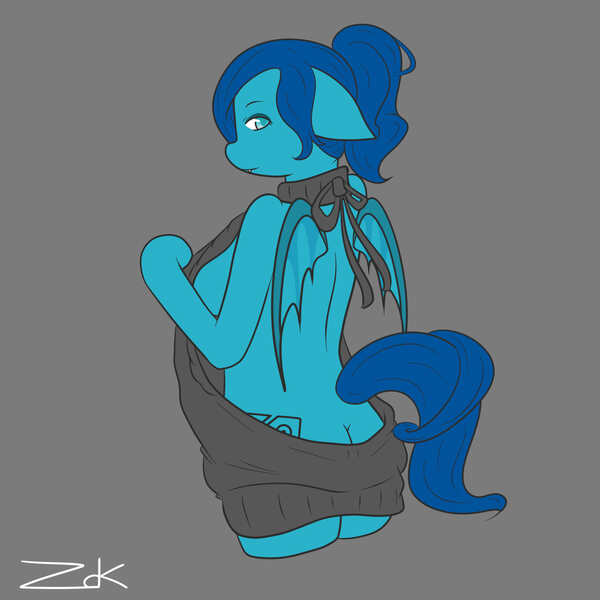 Size: 2000x2000 | Tagged: suggestive, artist:zumodekira, derpibooru import, oc, oc:cerulean circuit, unofficial characters only, anthro, bat, bat pony, anthro oc, backless, blue eyes, blue mane, blue tail, breasts, buttcrack, clothes, commission, fangs, female, gray background, open-back sweater, rule 63, sideboob, simple background, sleeveless sweater, solo, solo female, sweater, virgin killer sweater, wings, ych result